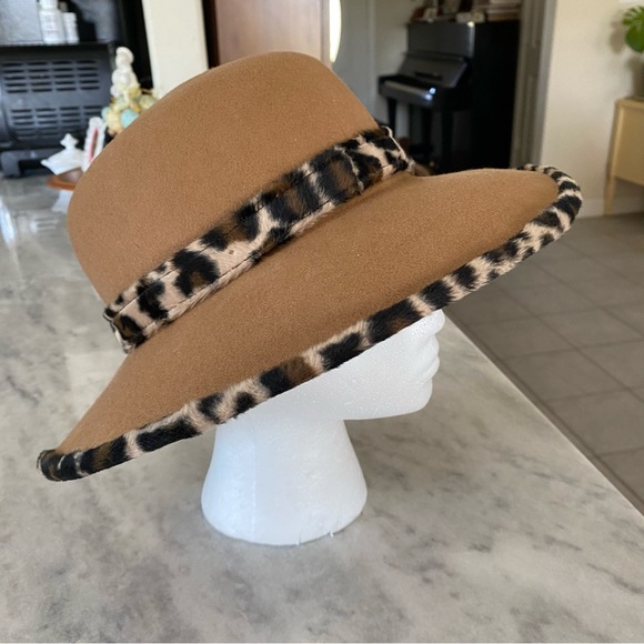 Preston & York 100% Wool Hat Camel Tan Cheetah Trim Print Women’s Hat Derby Hat - Picture 6 of 12